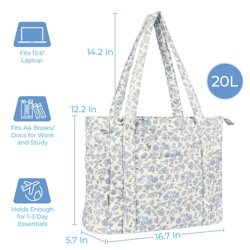 WOBAGMEN Quilted Tote Bag for Women, Lightweight Quilted Tote Bag with Zipper, Large Shoulder Bag with Compartments for Work, Travel, Gym (Blue Floral, M) - Image 2