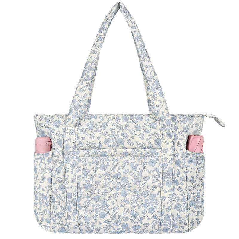 WOBAGMEN Quilted Tote Bag for Women, Lightweight Quilted Tote Bag with Zipper, Large Shoulder Bag with Compartments for Work, Travel, Gym (Blue Floral, M) - Image 1