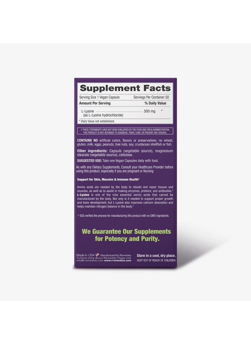 iRemedies iRemedies iL-Lysine 500mg - Essential Amino Acid for Immune Health, Skin, and Collagen Support - 50 Capsules  - Image 5