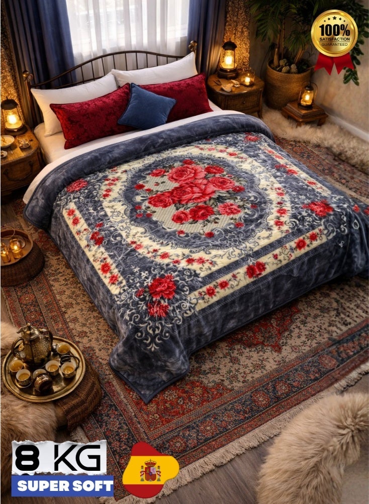 بريميم بطانية فاخرة فائقة النعومة بوزن ثمانية كيلوغرامات بنقشة زهور زرقاء – مقاس مئتان وأربعون سنتيمتر × مئتان وعشرون سنتيمتر – بطانية سرير بطبقتين سميكتين ودافئتين من الفرو الناعم مع تصميم زهور كبيرة مصنوعة من خامات عالية الجودة - Image 2