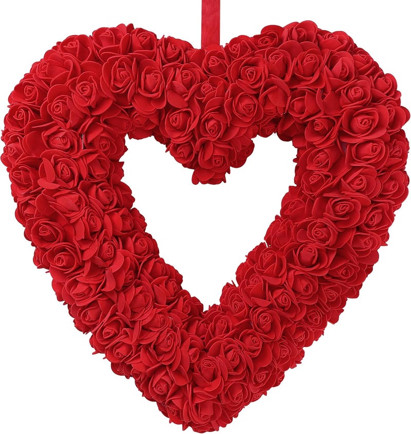 Sggvecsy 13 inch Valentines Day Heart Wreath Artificial Heart Shaped Wreath with Foam Red Roses for Front Door Foam Flower Wreath for Gifts Festival Window Wall Home Wedding Party Decor Red - Image 1