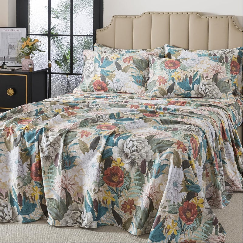 FADFAY Queen Sheet Set, 100% Cotton Sateen Soft Breathable, Luxury Vintage Floral Bed Sheets, Elegant Large Peony & Botanical Print, Classic Garden Style Bedding, Deep Pocket Fitted Sheet, 4 Pieces - Image 1