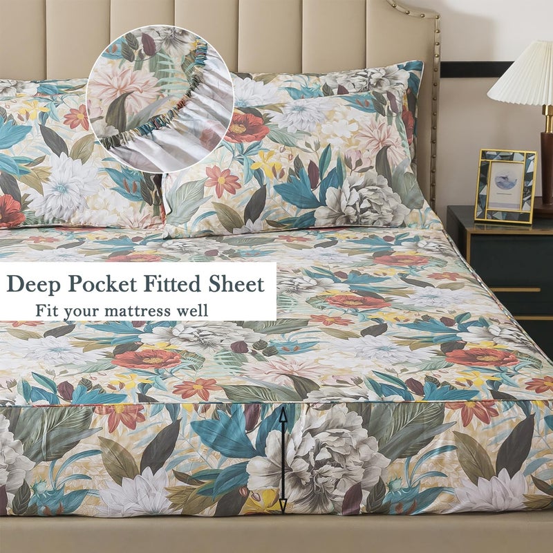 FADFAY Queen Sheet Set, 100% Cotton Sateen Soft Breathable, Luxury Vintage Floral Bed Sheets, Elegant Large Peony & Botanical Print, Classic Garden Style Bedding, Deep Pocket Fitted Sheet, 4 Pieces - Image 4