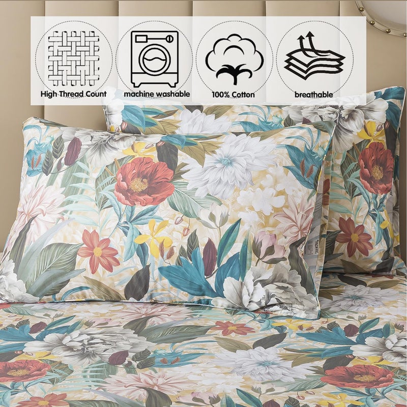 FADFAY Queen Sheet Set, 100% Cotton Sateen Soft Breathable, Luxury Vintage Floral Bed Sheets, Elegant Large Peony & Botanical Print, Classic Garden Style Bedding, Deep Pocket Fitted Sheet, 4 Pieces - Image 5