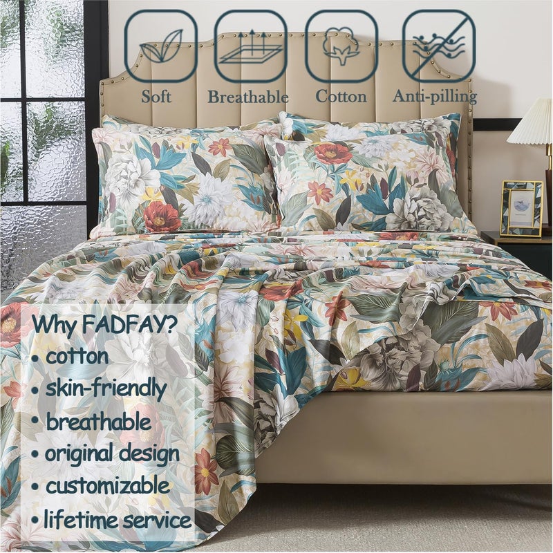 FADFAY Queen Sheet Set, 100% Cotton Sateen Soft Breathable, Luxury Vintage Floral Bed Sheets, Elegant Large Peony & Botanical Print, Classic Garden Style Bedding, Deep Pocket Fitted Sheet, 4 Pieces - Image 3