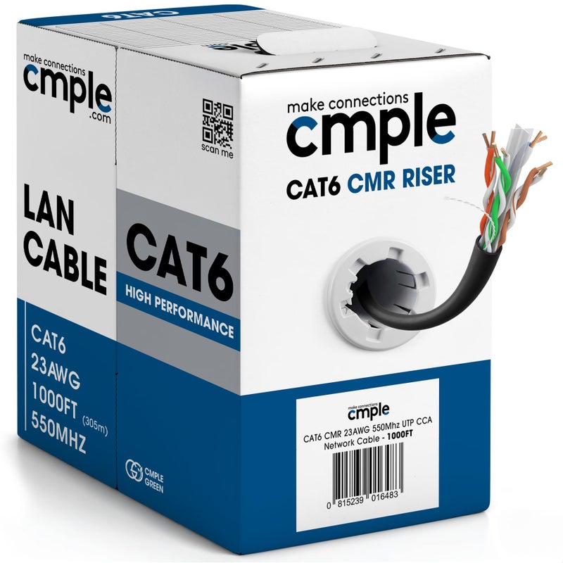 Cmple - Cat6 Cable 1000ft Bulk Lan Ethernet Cat 6 Wire Network UTP 23AWG CMR Riser 10Gbps 550 MHz Pull Box 1000 Feet, Black - Image 1