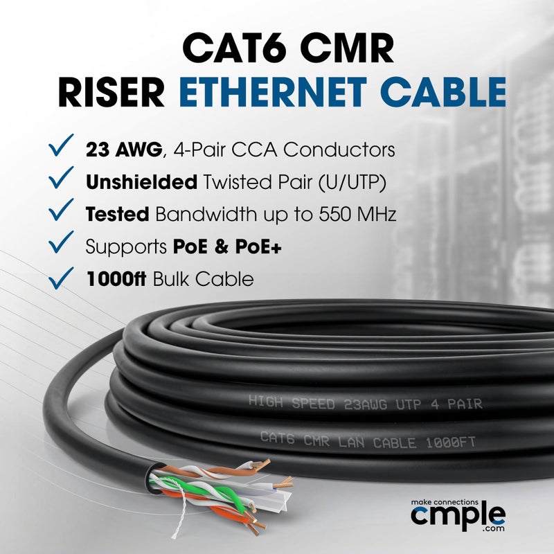 Cmple - Cat6 Cable 1000ft Bulk Lan Ethernet Cat 6 Wire Network UTP 23AWG CMR Riser 10Gbps 550 MHz Pull Box 1000 Feet, Black - Image 2