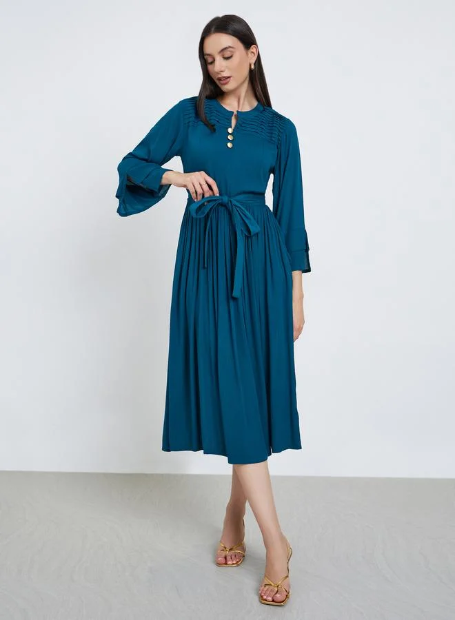 Maxim Creation teal Maxim Creation Teal Pintuck Panel Midi Dress with Tie Belt for Women | Best Price UAE