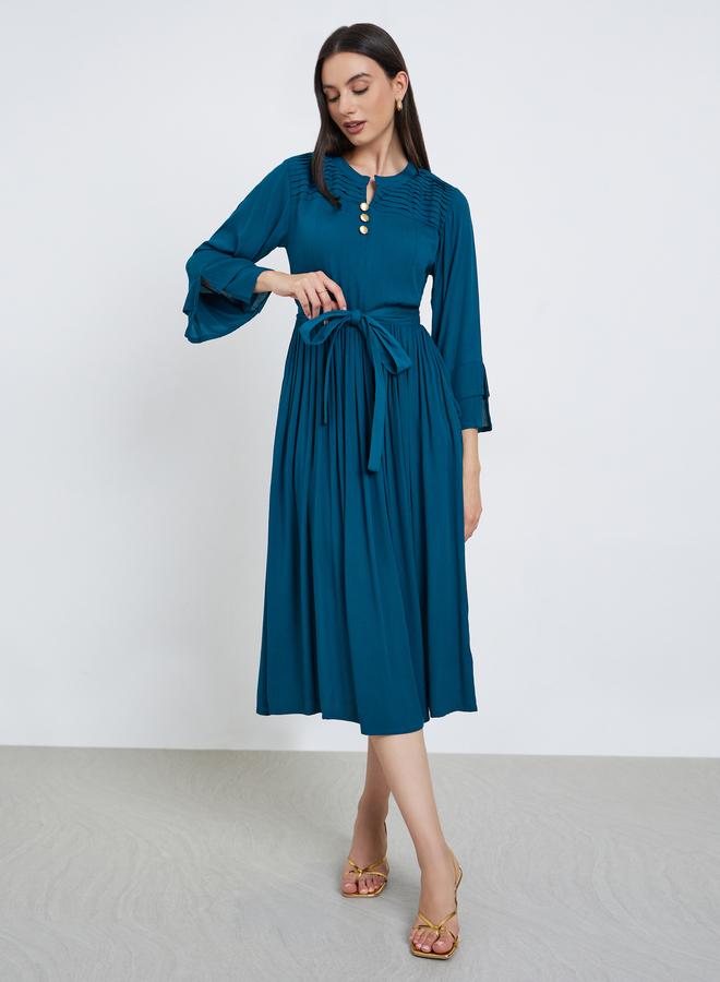Maxim Creation Teal Pintuck Panel Midi Dress with Tie Belt - Image 3