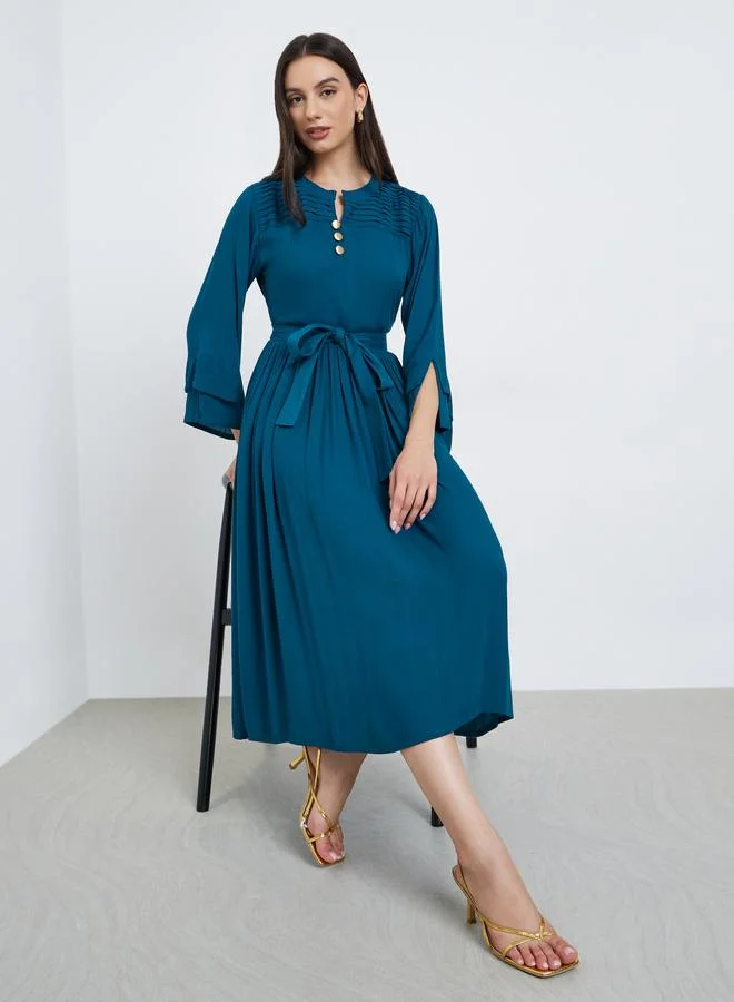 Maxim Creation Maxim Creation Teal Pintuck Panel Midi Dress with Tie Belt