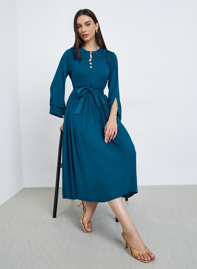 Maxim Creation Teal Pintuck Panel Midi Dress with Tie Belt - Image 2