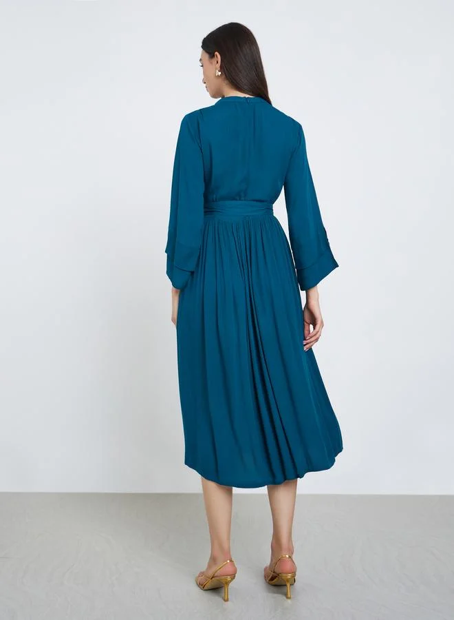 Maxim Creation teal Maxim Creation Teal Pintuck Panel Midi Dress with Tie Belt for Women | Best Price UAE