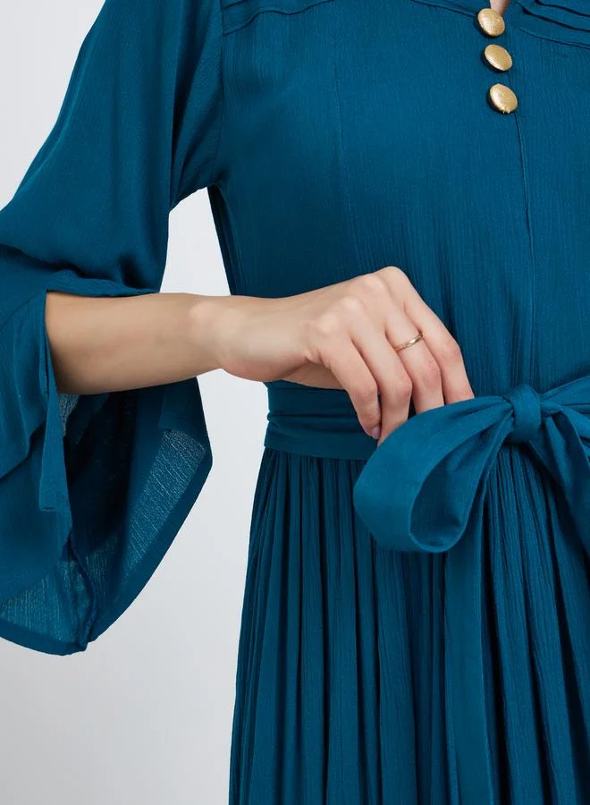 Maxim Creation teal Maxim Creation Teal Pintuck Panel Midi Dress with Tie Belt for Women | Best Price UAE