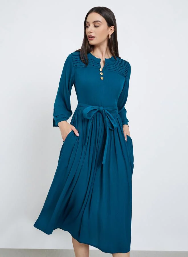 Maxim Creation Teal Pintuck Panel Midi Dress with Tie Belt