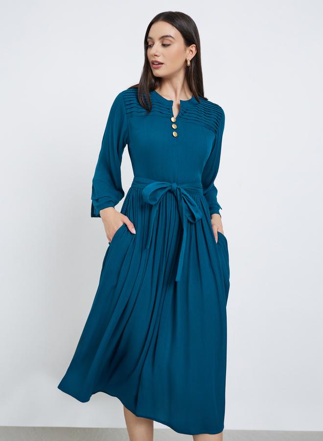 Maxim Creation Teal Pintuck Panel Midi Dress with Tie Belt - Image 1