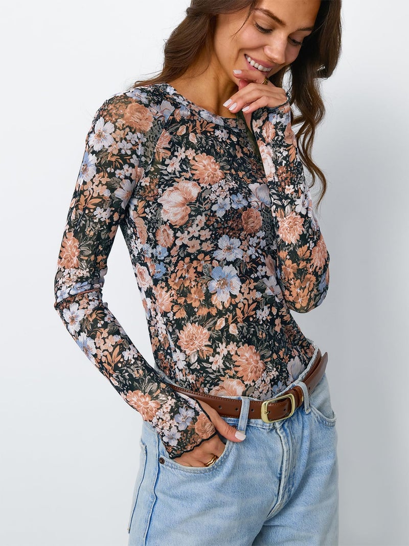 Dealmore Womens Mesh Sheer Lace Going Out Slim Fitted See Through Tops Spring Fashion Clothes 2026 Outfits Floral Fierce XL - Image 3