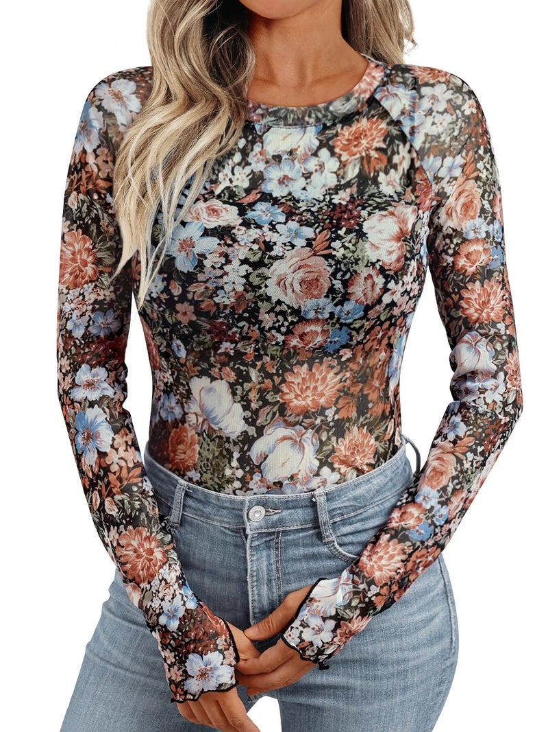 Dealmore Womens Mesh Sheer Lace Going Out Slim Fitted See Through Tops Spring Fashion Clothes 2026 Outfits Floral Fierce XL - Image 1