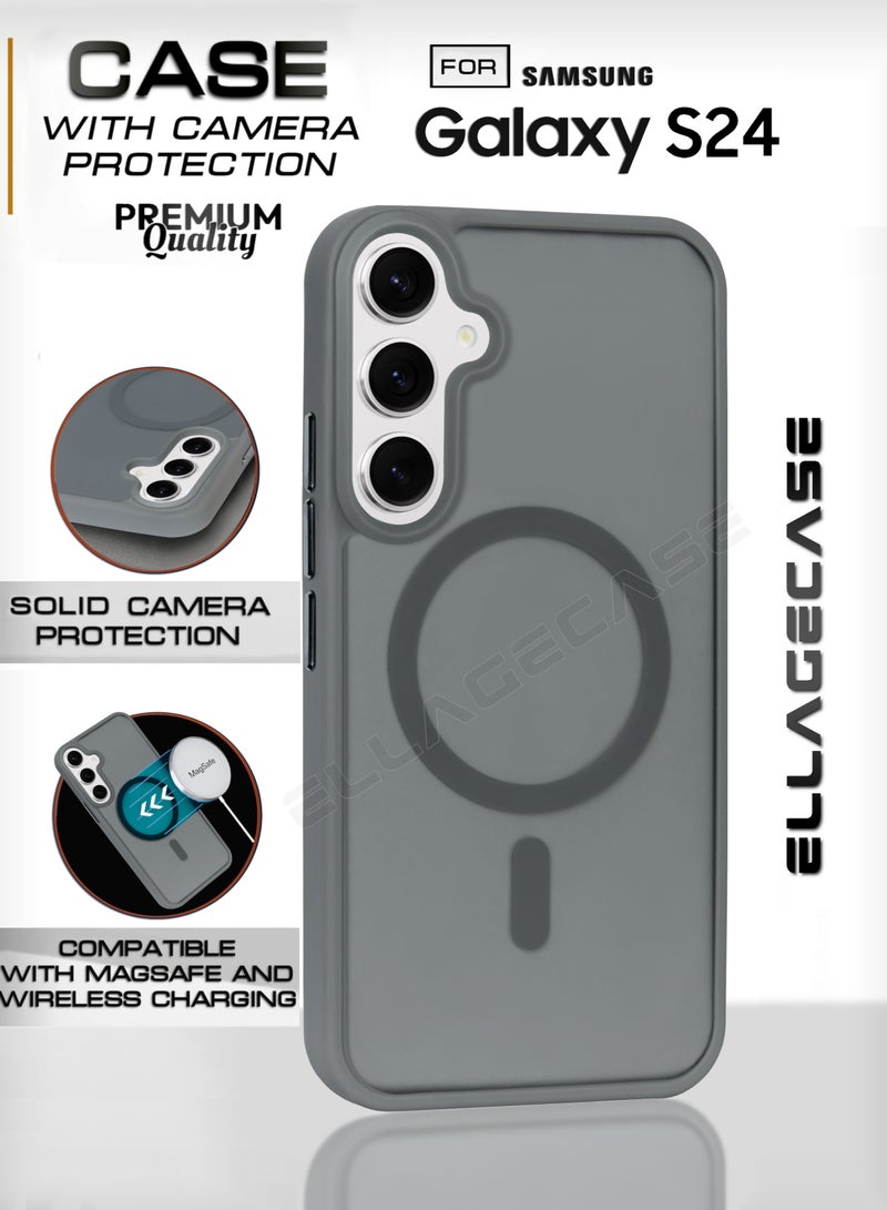 ELLAGECASE حافظة أنيقة باللون الرمادي لهاتف سامسونج جالاكسي S24، حماية كاميرا قوية، مضادة للصدمات، حماية معززة، متوافقة مع شحن MagSafe والشحن اللاسلكي - Image 1