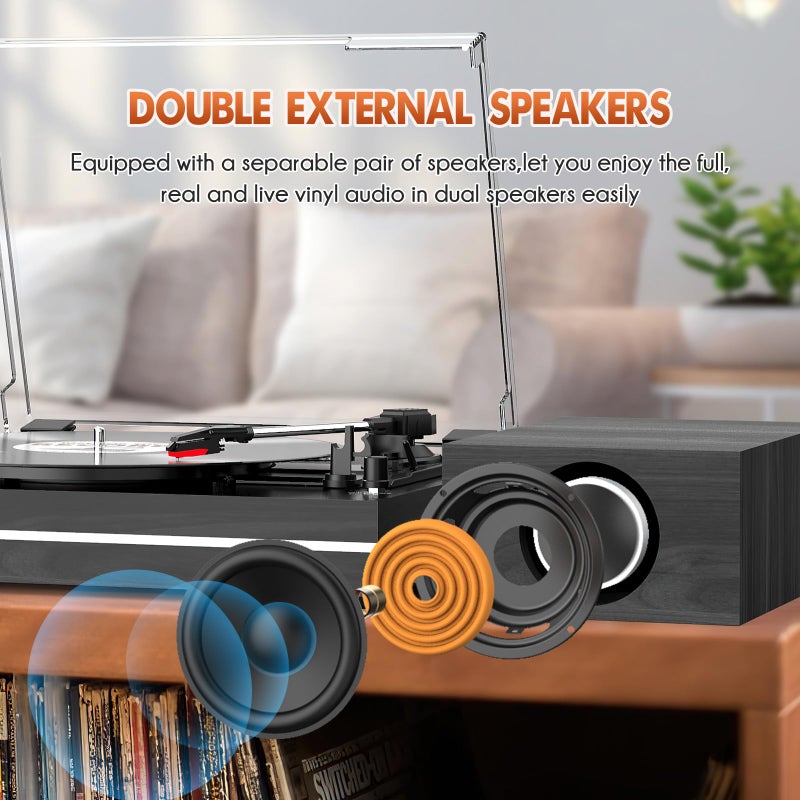 WOCKODER Vinyl Record Player with Dual Separate Stereo Speakers Vintage Turntable with BT Wireless Input Playback Belt Drive 3 Speed 3 Size Playback Record Player Support AUX Headphone Input RCA Out Auto Stop - Image 2