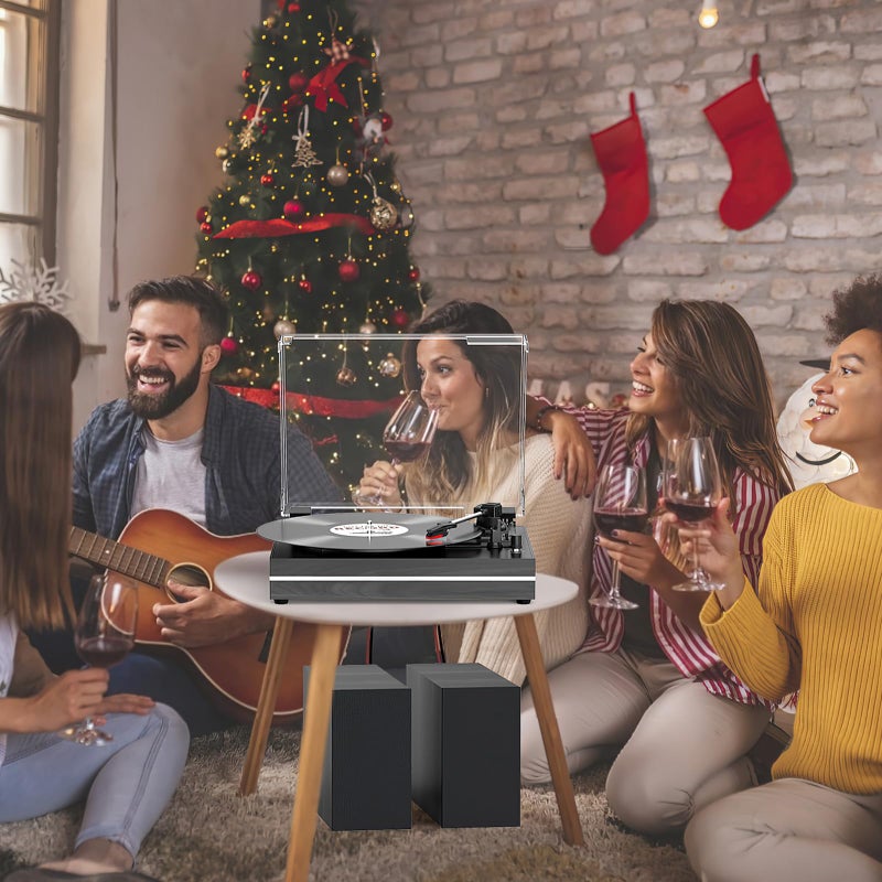 WOCKODER Vinyl Record Player with Dual Separate Stereo Speakers Vintage Turntable with BT Wireless Input Playback Belt Drive 3 Speed 3 Size Playback Record Player Support AUX Headphone Input RCA Out Auto Stop - Image 5
