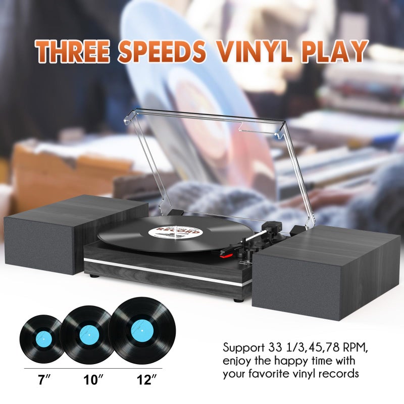 WOCKODER Vinyl Record Player with Dual Separate Stereo Speakers Vintage Turntable with BT Wireless Input Playback Belt Drive 3 Speed 3 Size Playback Record Player Support AUX Headphone Input RCA Out Auto Stop - Image 4
