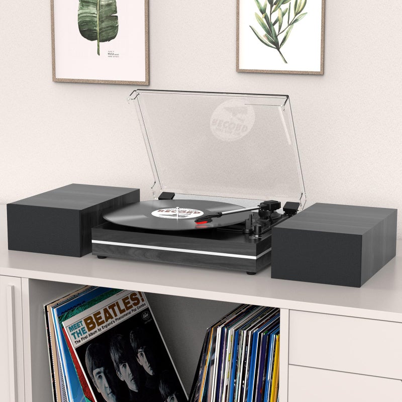 WOCKODER Vinyl Record Player with Dual Separate Stereo Speakers Vintage Turntable with BT Wireless Input Playback Belt Drive 3 Speed 3 Size Playback Record Player Support AUX Headphone Input RCA Out Auto Stop - Image 3