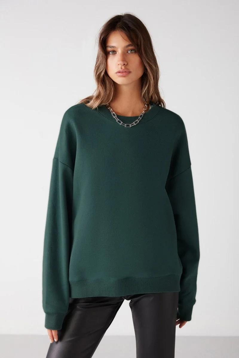 GRIMELANGE VANELTINA Women's Crew Neck Polar Fleece Oversize Fit Basic Dark Green Sweatshirt