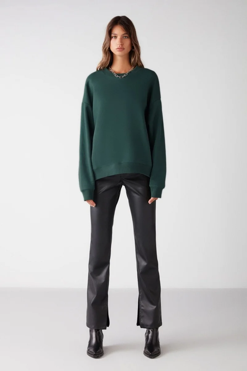 GRIMELANGE VANELTINA Women's Crew Neck Polar Fleece Oversize Fit Basic Dark Green Sweatshirt