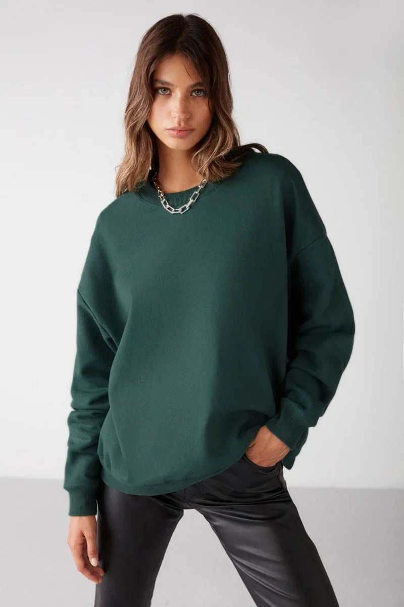 GRIMELANGE VANELTINA Women's Crew Neck Polar Fleece Oversize Fit Basic Dark Green Sweatshirt