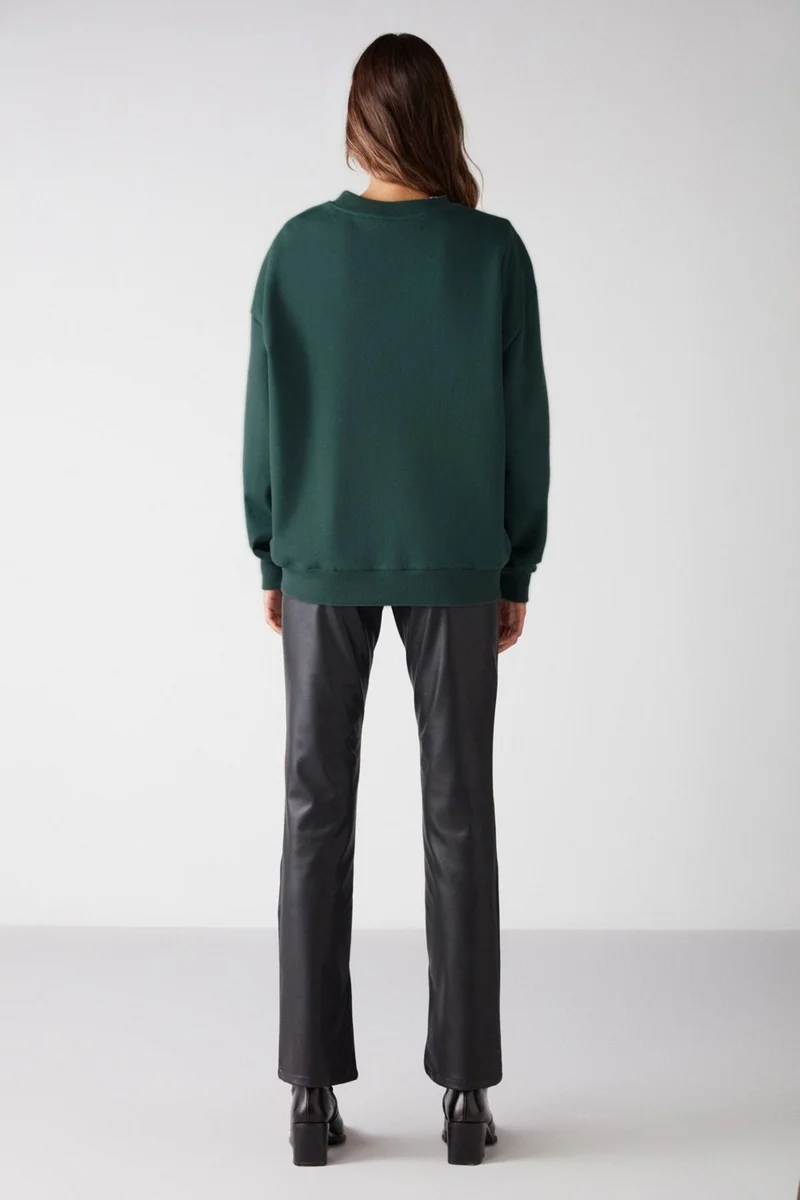 GRIMELANGE VANELTINA Women's Crew Neck Polar Fleece Oversize Fit Basic Dark Green Sweatshirt