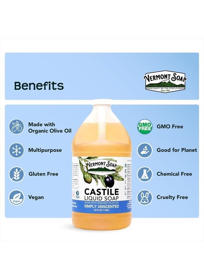 vermont soap - Vermont Castile Soap Unscented, Gentle Liquid Soap for Sensitive Skin & Natural Body Wash, Organic Hair Shampoo for Oily Hair, Aloe Castile Soap for Men & Women - 64 Oz - Image 1