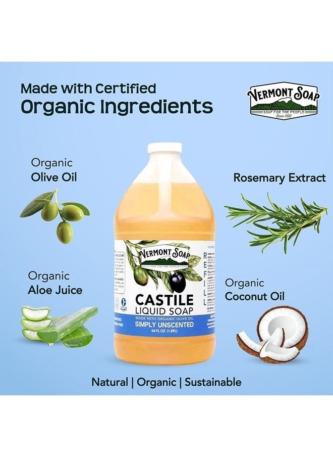 vermont soap - Vermont Castile Soap Unscented, Gentle Liquid Soap for Sensitive Skin & Natural Body Wash, Organic Hair Shampoo for Oily Hair, Aloe Castile Soap for Men & Women - 64 Oz - Image 1