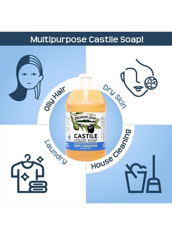 vermont soap - Vermont Castile Soap Unscented, Gentle Liquid Soap for Sensitive Skin & Natural Body Wash, Organic Hair Shampoo for Oily Hair, Aloe Castile Soap for Men & Women - 64 Oz - Image 1