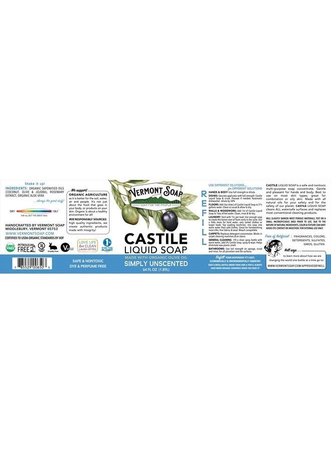 vermont soap - Vermont Castile Soap Unscented, Gentle Liquid Soap for Sensitive Skin & Natural Body Wash, Organic Hair Shampoo for Oily Hair, Aloe Castile Soap for Men & Women - 64 Oz - Image 1