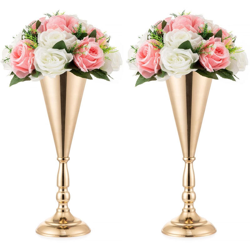 Gold Vase Centerpiece Table Decorations  2 Pcs Metal Tabletop Flower Stand Wedding Decorations for Reception 14in Trumpet Tall Flower Vase for Birthday Weddings Anniversary Ceremony Home Decor