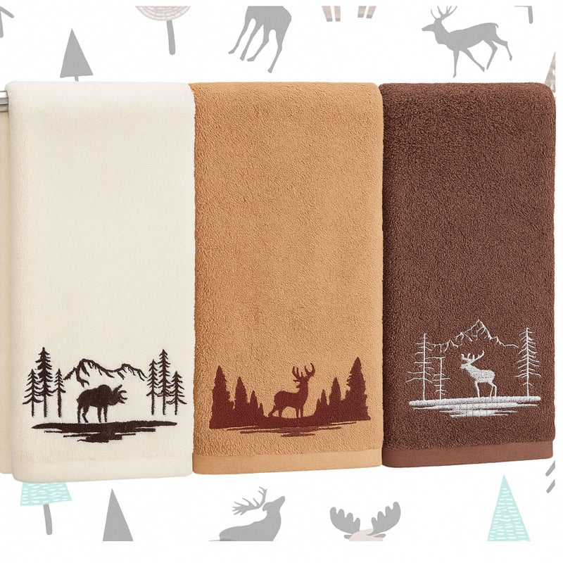 Gilprop 3 Pcs Rustic Cabin Hand Towels Woodland Forest Deer Embroidered Decorative Bathroom Towels 100% Cotton 14 x 29 for Bathroom Kitchen Decor - Image 1