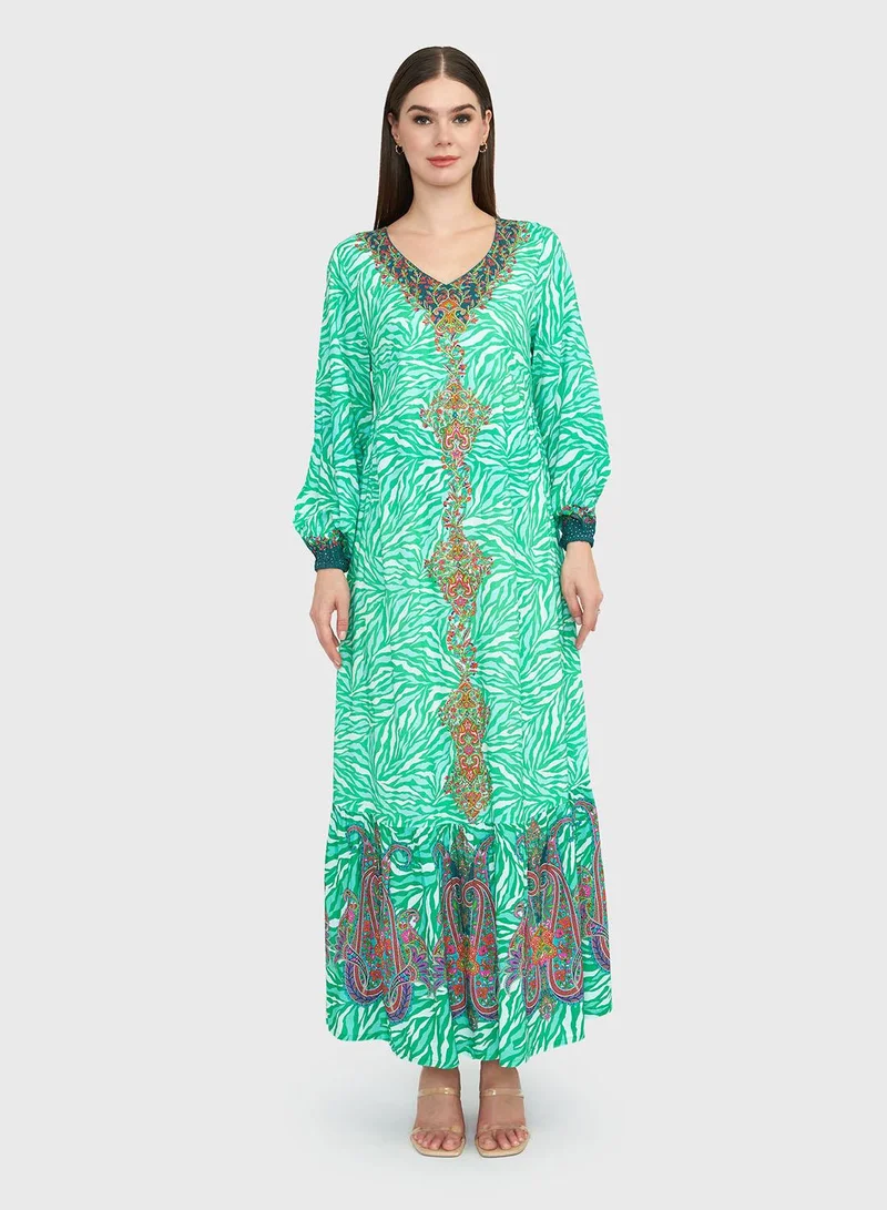 كشخة جلابية مطبوعة بالزهور من الرايون مع كشكشة سفلية