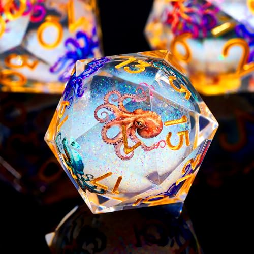 Froggod Octopus Liquid Core DND Dice Set 7Pcs Sharp Edge DD Dice with Gift Box for Dungeons and Dragons RPG MTG D and D Role Playing White Gold Resin - Image 1