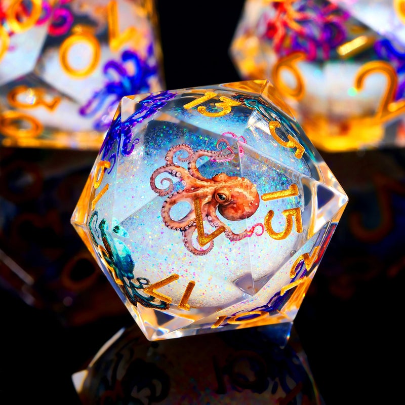 Froggod Octopus Liquid Core DND Dice Set 7Pcs Sharp Edge DD Dice with Gift Box for Dungeons and Dragons RPG MTG D and D Role Playing White Gold Resin - Image 3