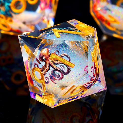 Froggod Octopus Liquid Core DND Dice Set 7Pcs Sharp Edge DD Dice with Gift Box for Dungeons and Dragons RPG MTG D and D Role Playing White Gold Resin - Image 5