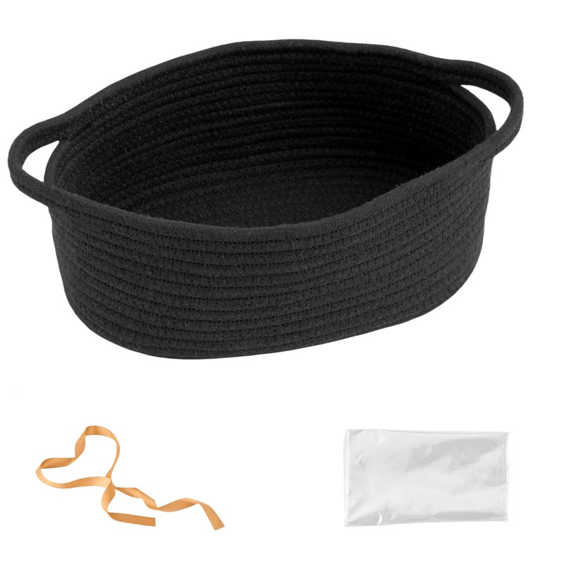 Kodomoore Small Woven Easter Basket with Gift Bag and Ribbon â€“ Empty Burr Basket for Gifts, Baby Shower, & Birthdays â€“ Decorative Rope Storage Organizer for Shelves, 12"x8"x5", Black - Image 1