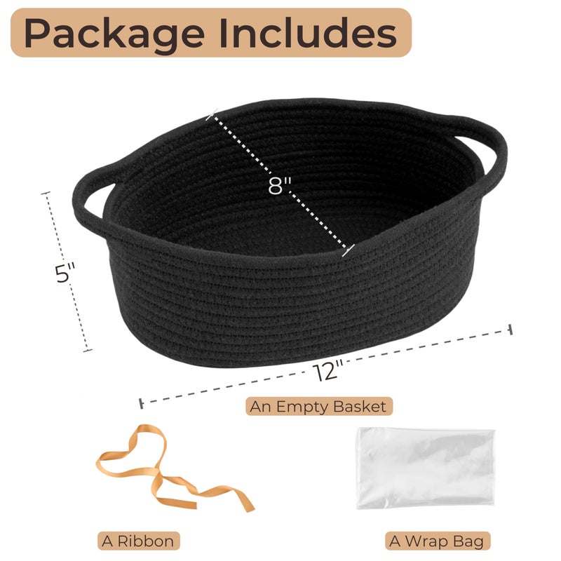 Kodomoore Small Woven Easter Basket with Gift Bag and Ribbon â€“ Empty Burr Basket for Gifts, Baby Shower, & Birthdays â€“ Decorative Rope Storage Organizer for Shelves, 12"x8"x5", Black - Image 3