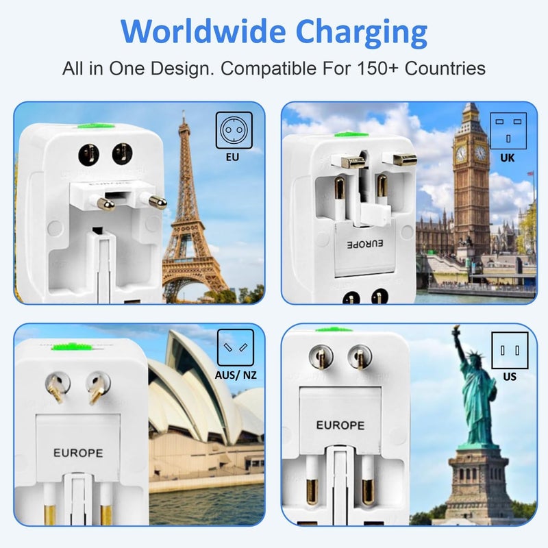 YASH Universal Travel Adapter International All in One Worldwide Travel Adapter Wall Charger With USB Ports Multi Type Power Outlet USB 21A100250 Voltage Travel Charger Pack of 1 White - Image 2