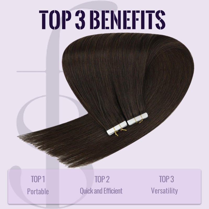 Fshine Tape in Hair Extensions Human Hair 16 Inch Darkest Brown Hair Extensions Real Human Hair 50g 20pcs Straight Natural Remy Hair Tape in Hair Extensions for Women Brown Hair Extensions - Image 4