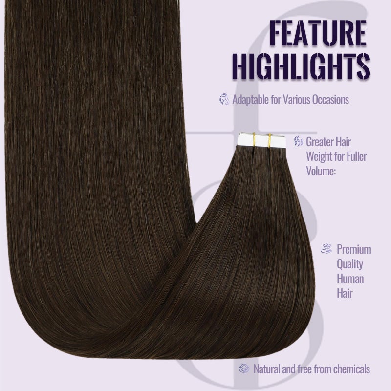 Fshine Tape in Hair Extensions Human Hair 16 Inch Darkest Brown Hair Extensions Real Human Hair 50g 20pcs Straight Natural Remy Hair Tape in Hair Extensions for Women Brown Hair Extensions - Image 3