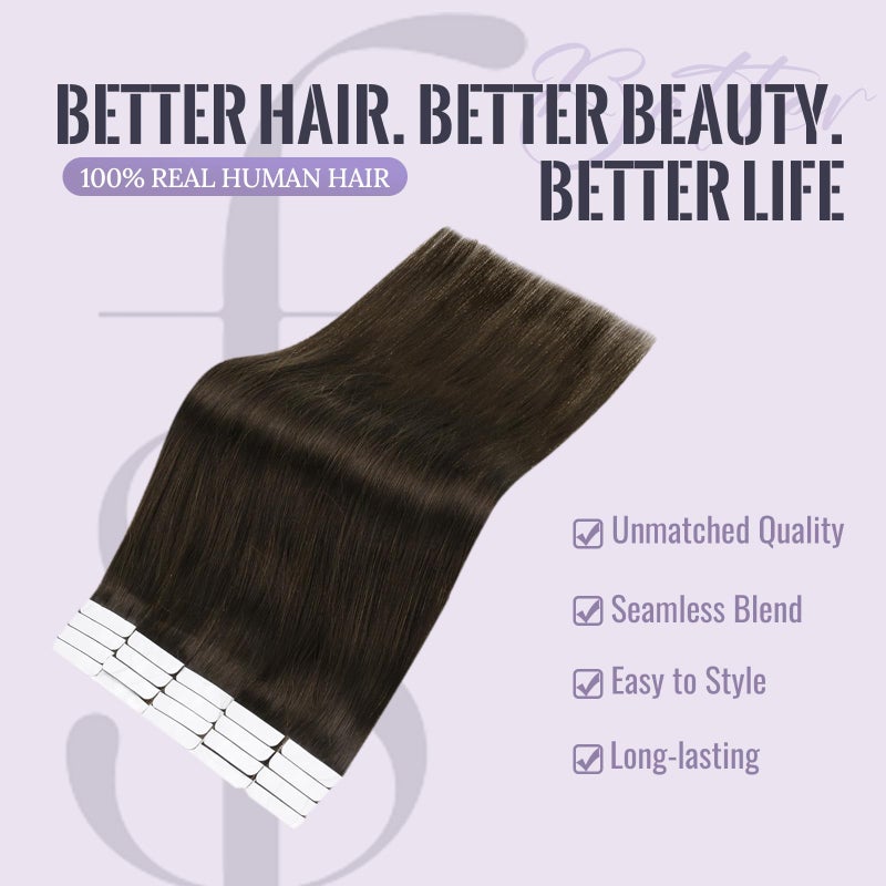 Fshine Tape in Hair Extensions Human Hair 16 Inch Darkest Brown Hair Extensions Real Human Hair 50g 20pcs Straight Natural Remy Hair Tape in Hair Extensions for Women Brown Hair Extensions - Image 5