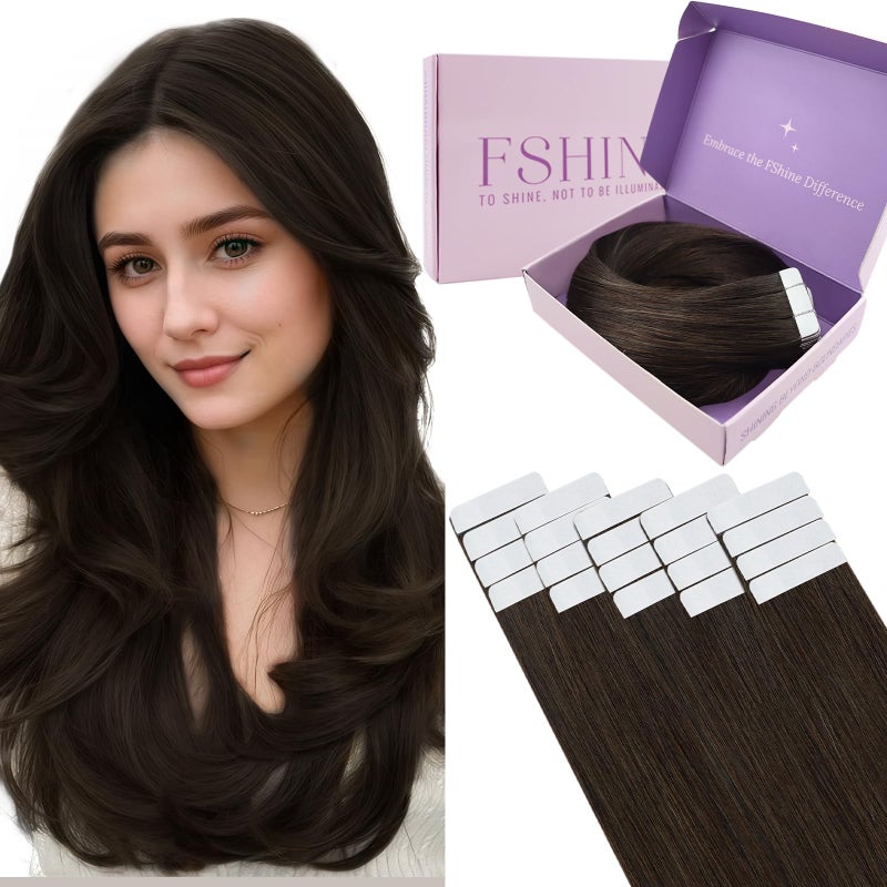 Fshine Tape in Hair Extensions Human Hair 16 Inch Darkest Brown Hair Extensions Real Human Hair 50g 20pcs Straight Natural Remy Hair Tape in Hair Extensions for Women Brown Hair Extensions - Image 1