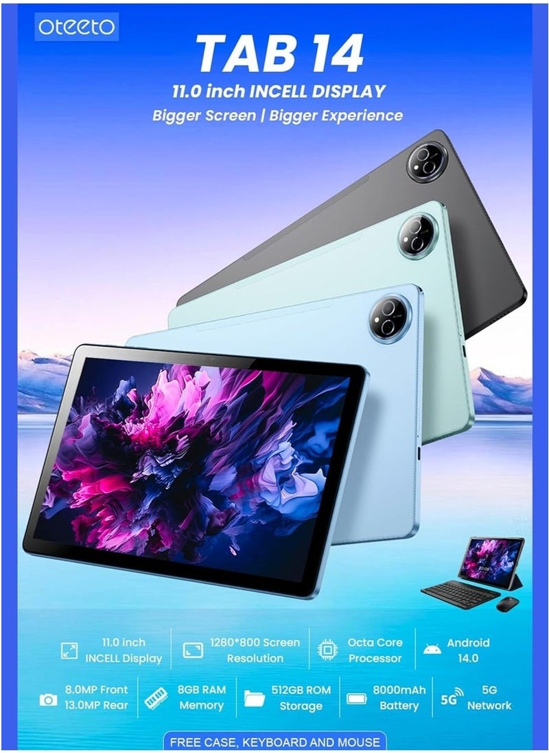TAB 14 Android 14 Tablet with 11-Inch INCELL Display – 8GB RAM, 512GB ROM, Octa-Core 2.0GHz Processor – Dual SIM 4G + 5G Wi-Fi – 8000mAh Battery, 13MP Rear + 8MP Front Cameras – Includes Wireless Keyboard & Flip Cover – Ideal for Study, Work & Entertainment
