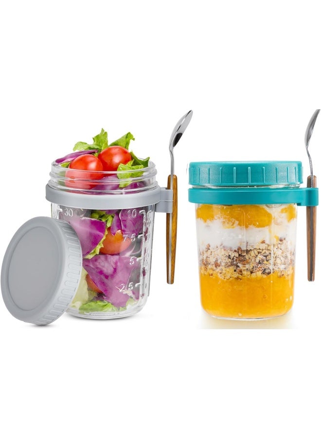 بريميفي عبوة من 2 برطمان شوفان ليلي بسعة 350 مل مع أغطية وملاعق، وعاء شوفان زجاجي قابل لإعادة الاستخدام مع علامات قياس، لتخزين الطعام في أواني الإفطار، وعاء شوفان للحليب والحبوب والفواكه - Image 1
