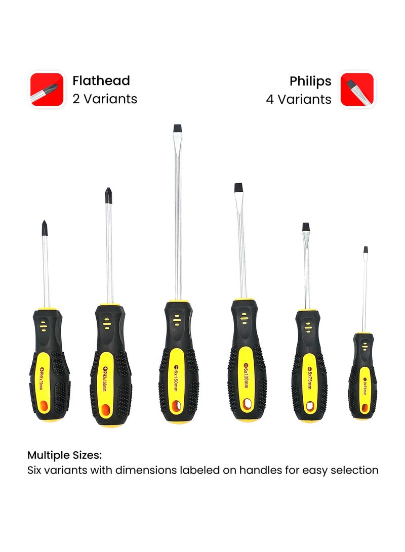 هاي-تيك مجموعة مفكات مكونة من 6 قطع – مفكات مسطحة ومفكات فيليبس دقيقة مع مقابض مريحة غير قابلة للانزلاق، رؤوس فولاذية متينة للاستخدام المنزلي، والأعمال اليدوية، والاستخدام المهني (الموديل HT-TL-SD6) - Image 2